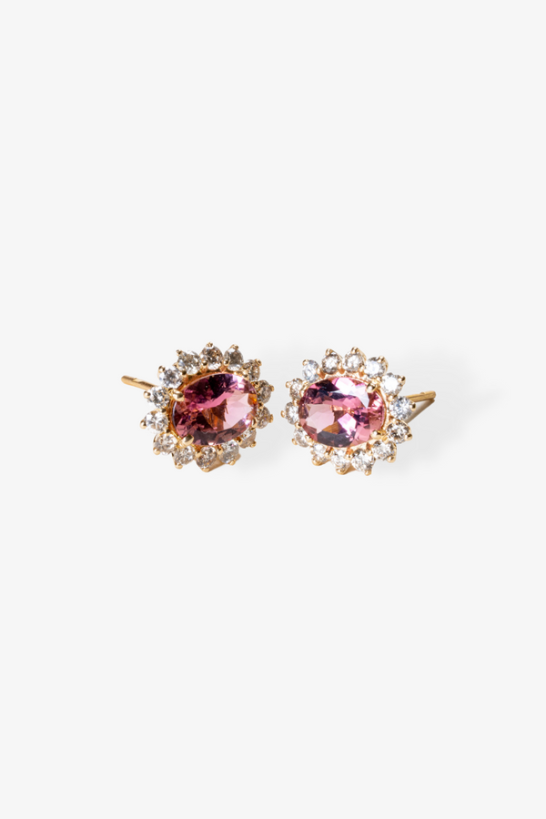 18k REAL Yellow Gold Pink Tourmaline Crystal Earrings With Diamonds
