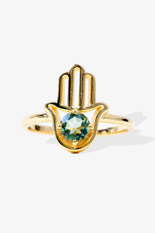 Genuine Moldavite Hamsa 18k Gold Vermeil Ring