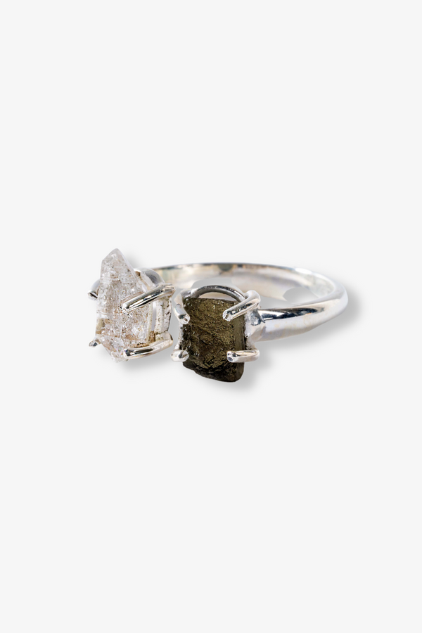 Genuine Moldavite with Herkimer Diamond Adjustable Ring