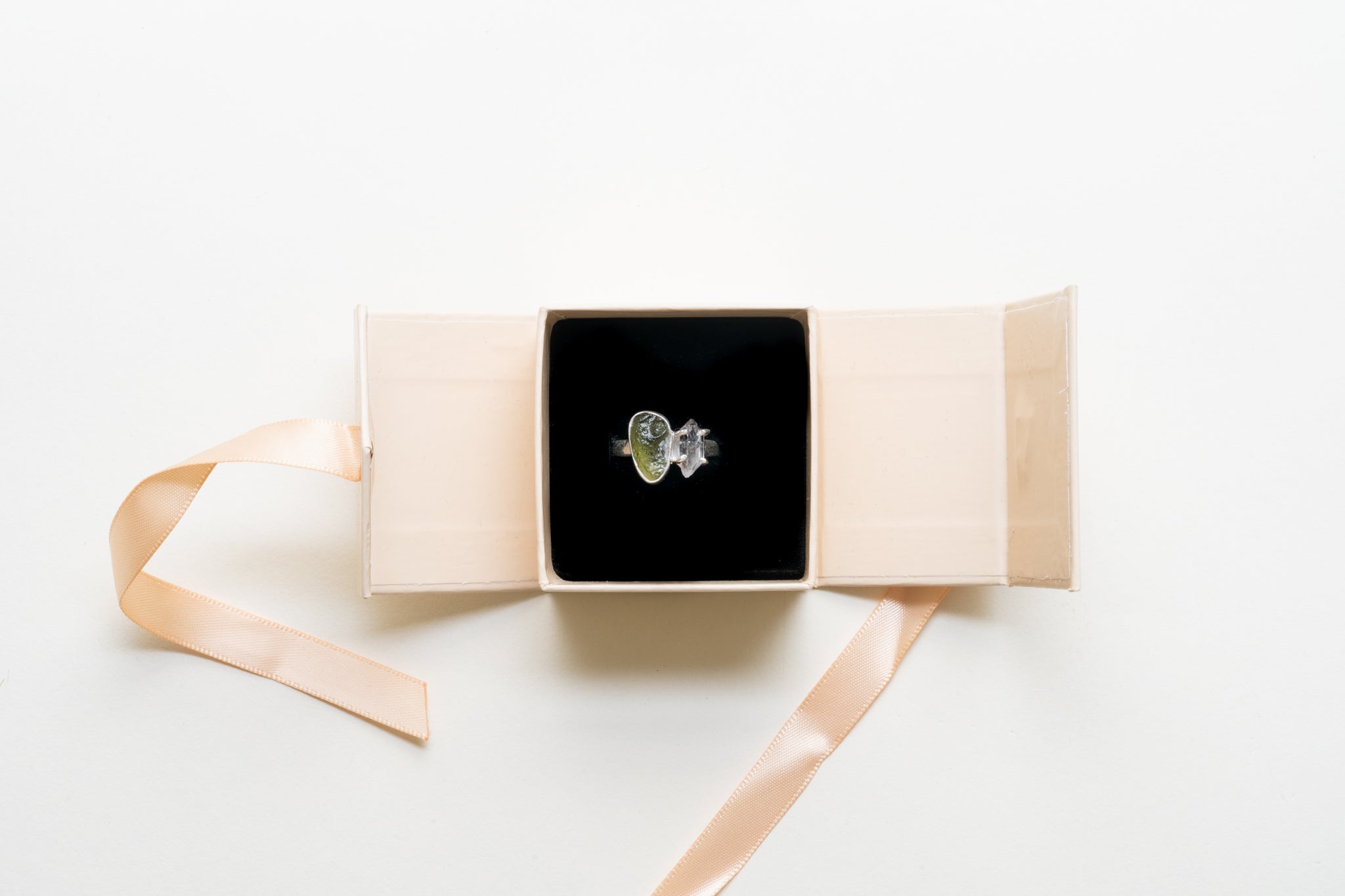 Genuine Moldavite with Herkimer Diamond Adjustable Ring