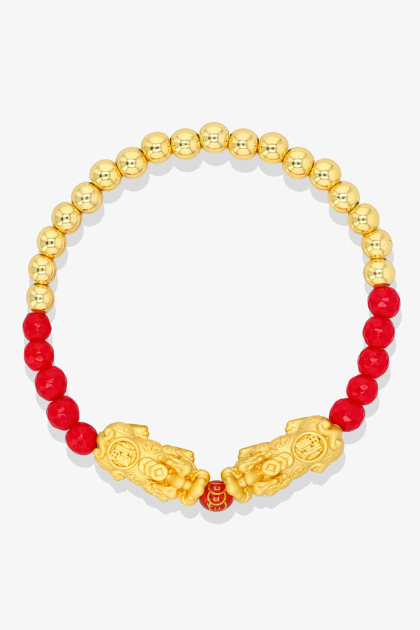Limited Edition Real 14K Gold Dragon Pixiu Red Lucky Coin Bracelet