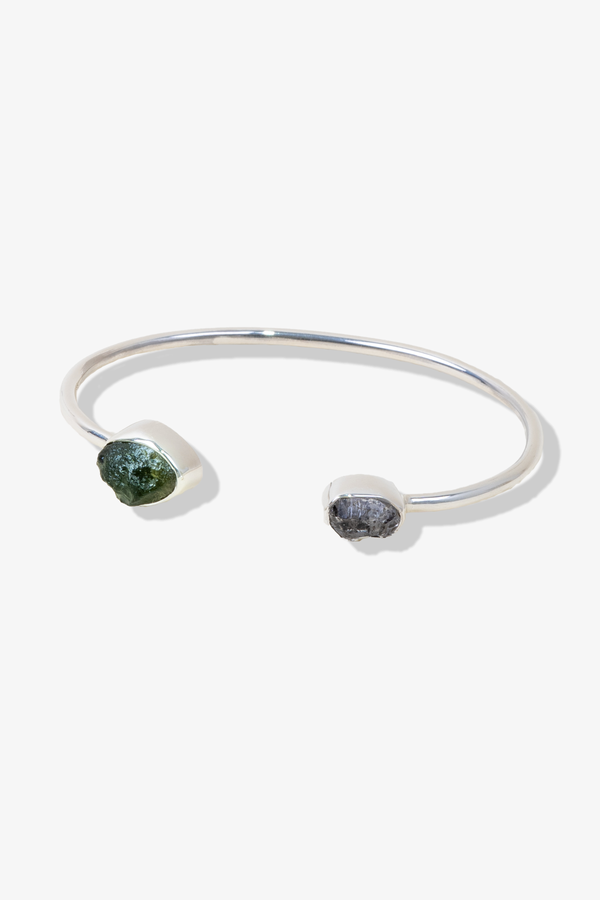 Genuine Moldavite and Herkimer Diamond Bangle Bracelet